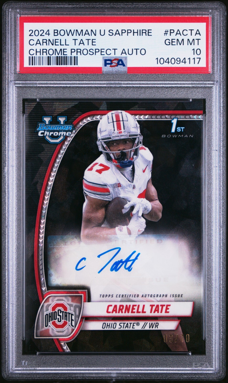 2024 Carnell Tate 1st Bowman U Chrome Sapphire Black /10 AUTO PSA 10 Pop 3