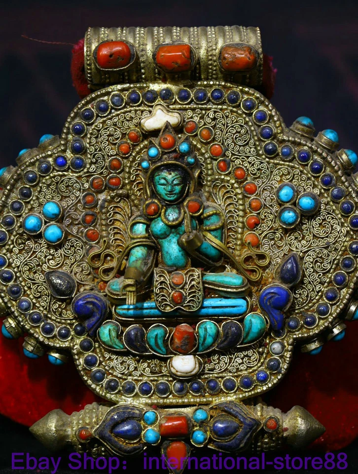 Antiguo Tíbet Filigrana Coral Gemas Budismo Tara Guanyin Buda Gawu Caja Foto 3 de 4