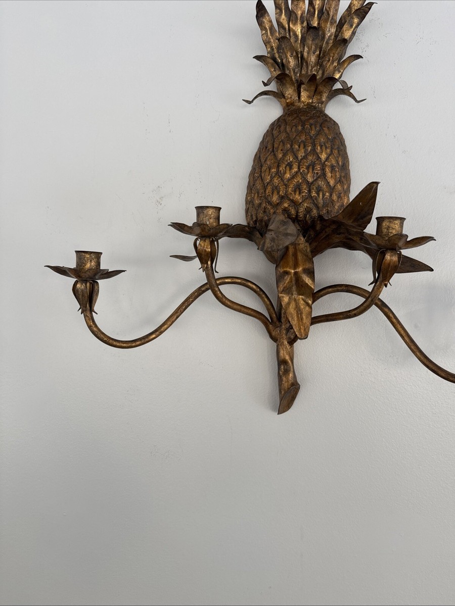 Vintage Gold Gilt Pineapple 4 Candle Italian Style Metal Wall