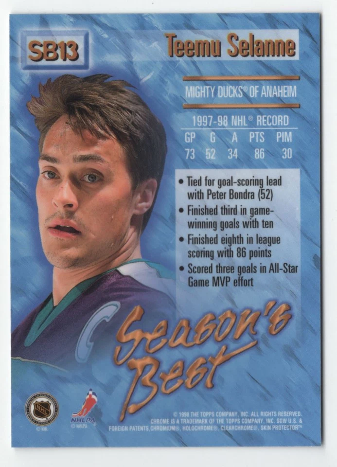 1998-99 O-Pee-Chee Chrome Season's Bes Teemu Selanne Anaheim Mighty Ducks #SB13 - Image 2 of 2