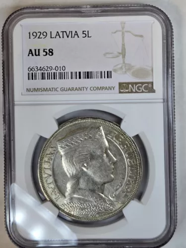 1929 Latvia 5 Lati NGC AU58
