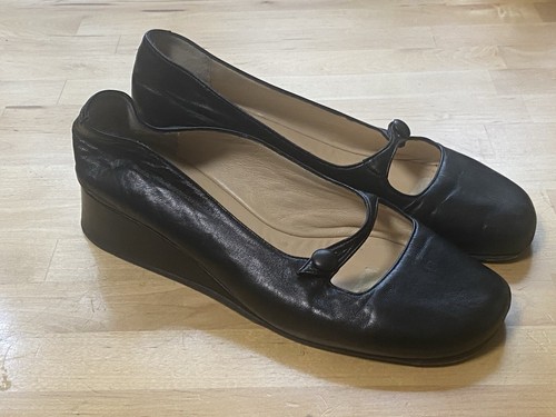 TARYN ROSE Black Leather Low Wedge Mary Janes Size 36.5