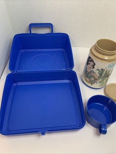 Vintage Aladdin Snow White & The Seven Dwarfs Blue Plastic Lunch Box & Thermos - Picture 8 of 11