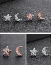 Moon Star Stud Earrings Cubic Zirconia 925 STERLING SILVER ROSE GOLD Gift PE25