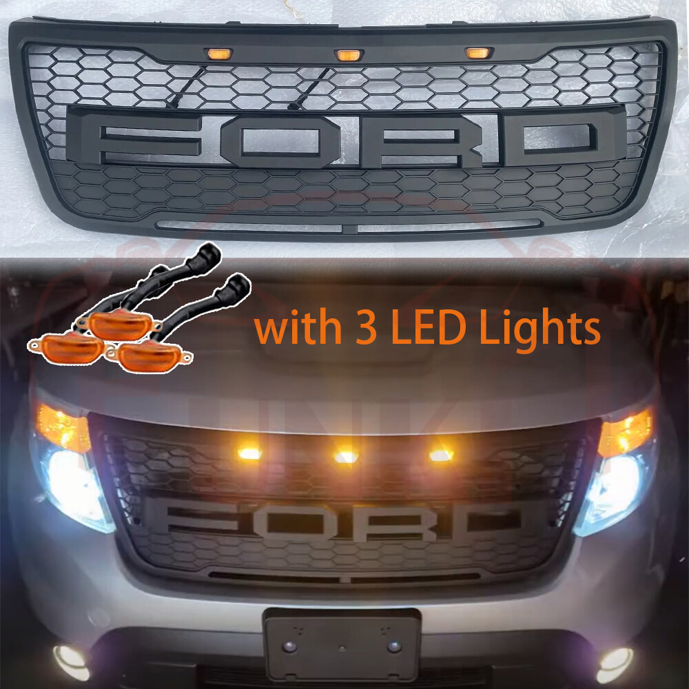 Front Grille For 2011-2015 Ford Explorer Bumper Grill W/ Letters/LED Matte Black
