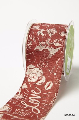 MAY ARTS~HAND DRAWN TREND LINEN~GRIFFITI LOVE~RED/NATURAL~2 &1/2'' WIDE X 1 YARD!