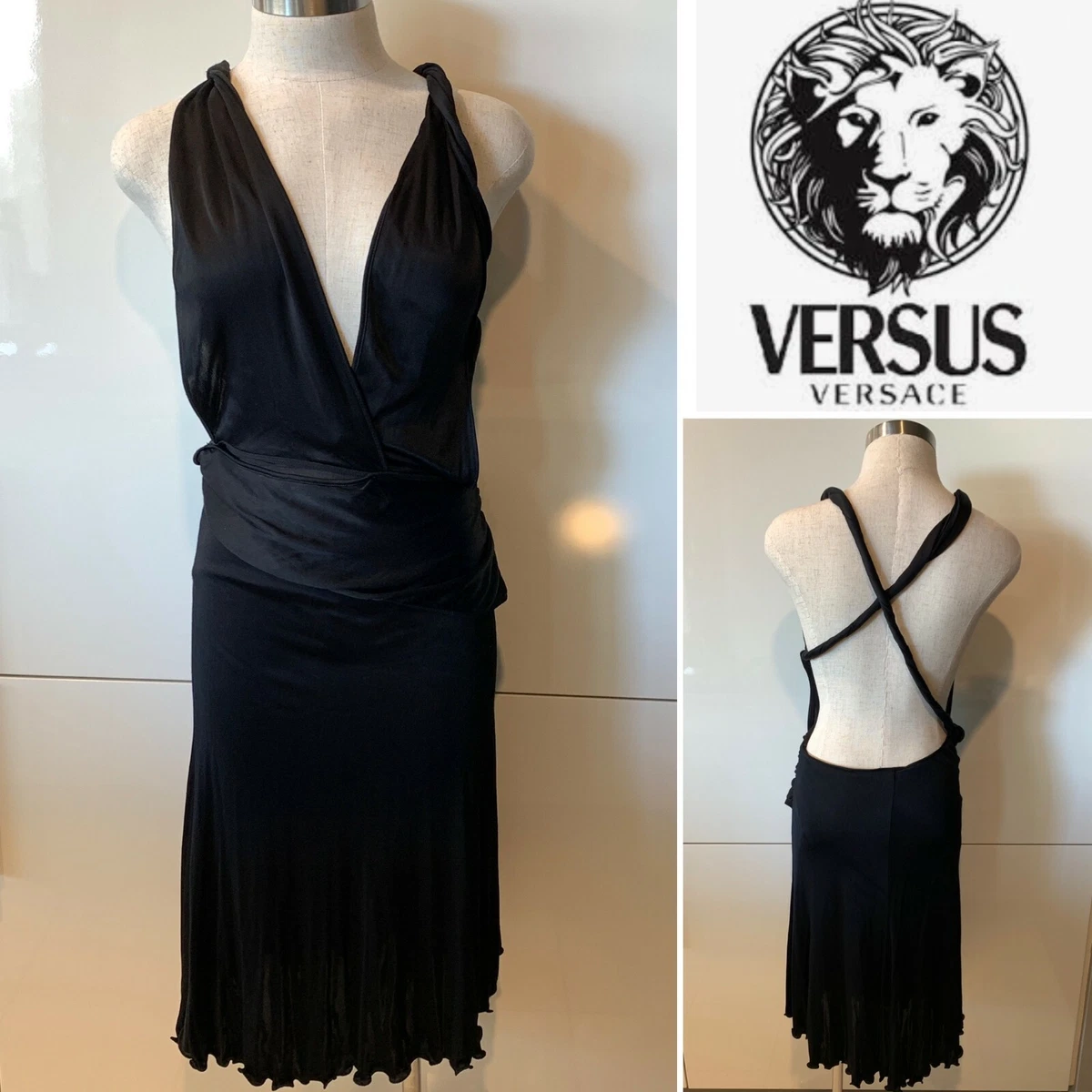 VERSACE Black Viscose Slinky Knit Jersey Cross Back Strappy Dress 40IT 8Aust 4US