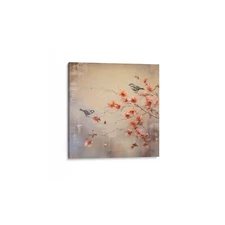 Oil Painting Bird on Flower Stem Canvas 24x24 Wall Art Décor Framed Photo Print