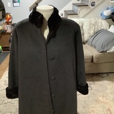 Albert Nikon Boutique Elegant Black Wool Maxi Coat W/ Faux Fur Trim Size 14 Usa