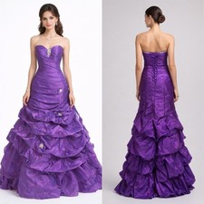Strapless Sweetheart Purple Satin Tiered Ruffle Dresses Floral Beaded Prom Gowns