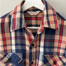 Vintage 1960s Frostproof Men Medium Plaid Flannel Shirt Navy Red Tan 2 Pockets