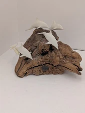 Vintage John Perry Burl Wood Driftwood Dolphin Family Sculpture With 5 Dolphins