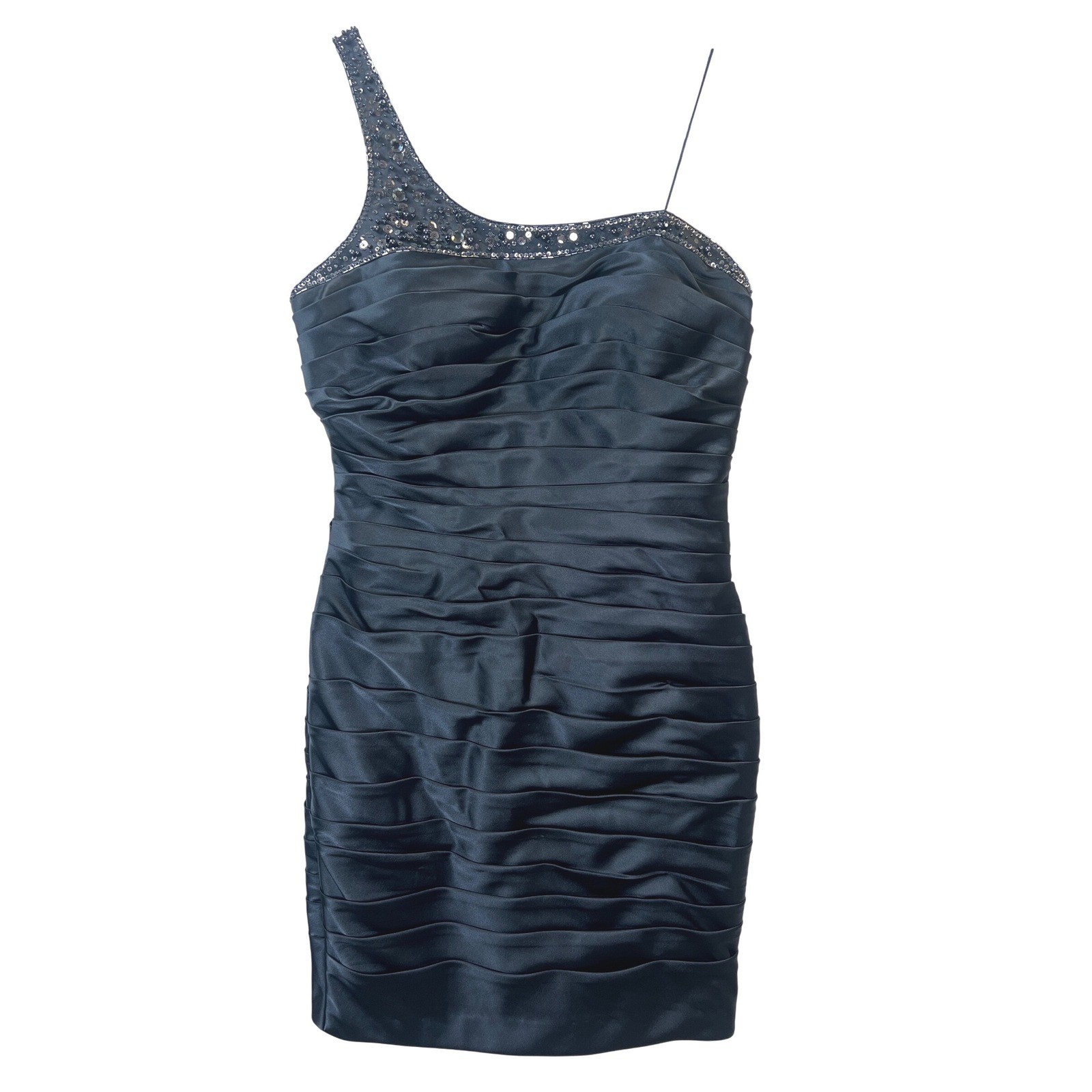 Adrianna Papell Navy Blue Beaded One Shoulder Ruched Cocktail Dress Size 12