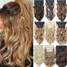 US Clip in 4Pieces Hair Extensions Wavy Full Head Synthetic As Human Hair Pieces