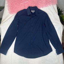 Express Fitted Mens Navy Blue Polka Dot Long Sleeve Button Down Shirt Small S