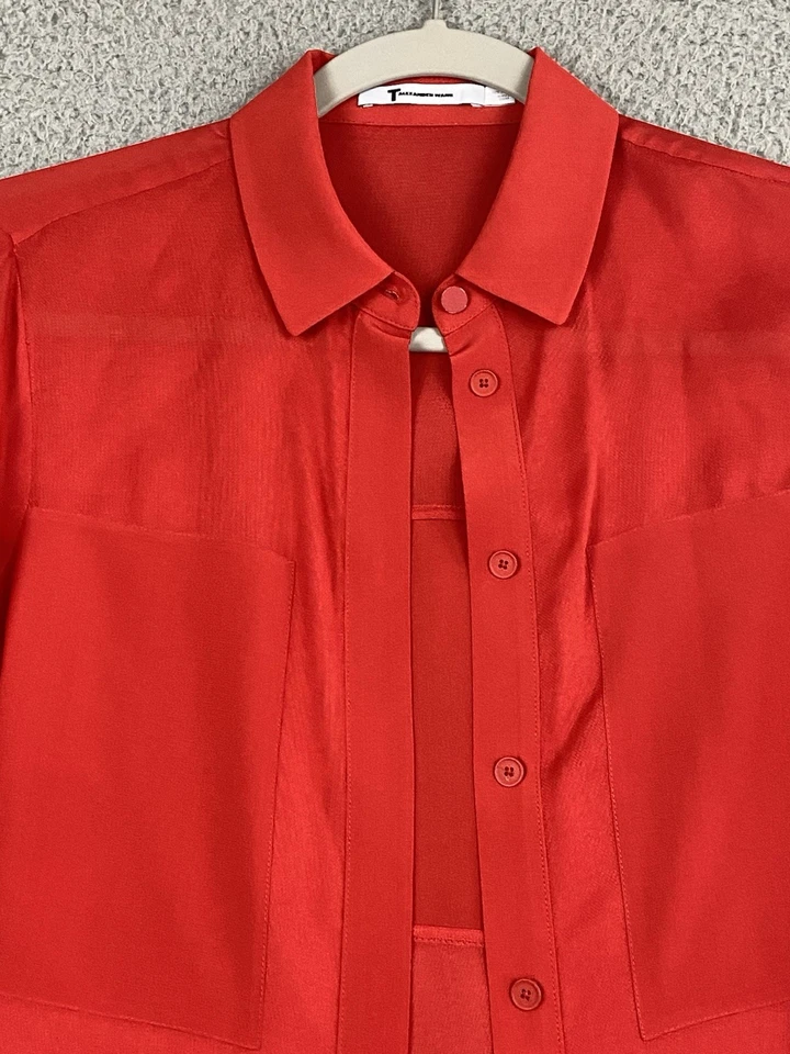 Блузка T by Alexander Wang со скрытыми пуговицами спереди XS манжеты красный китайский лягушка узел - Изображение 4 из 4