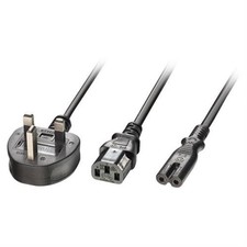 Image of Lindy 2.5m UK 3 Pin Plug to IEC C13 and IEC C7 Splitter Extension Cable Black