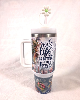 40 Oz Beach Tumbler With Handle Life  Vacation Travel Mug Insulated Stainless