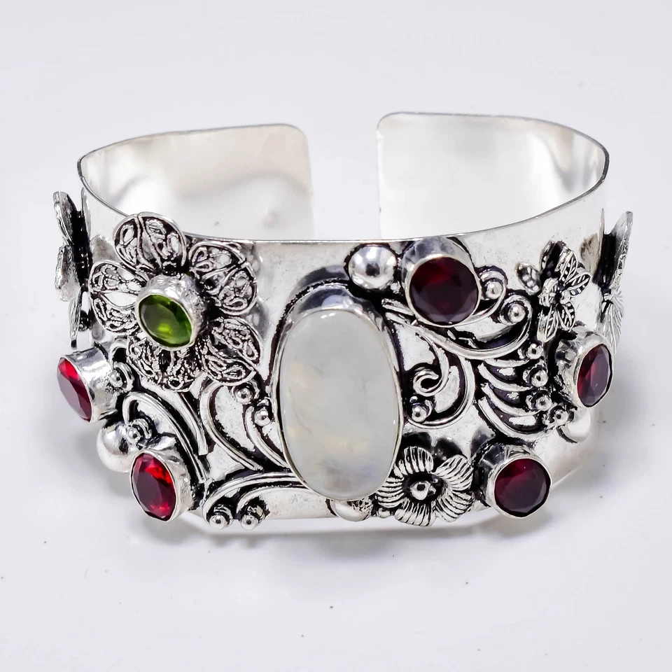 925 Sterling Silver Moonstone, Garnet Gemstone Jewelry Cuff Bracelet Size-ADJ - Image 3 of 4