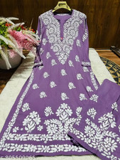 Women's Purple Rayon Chikankari Kurti Palazzo Set Embroidered Plus Size upto 8XL