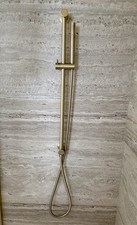 Scudo Brushed Brass Rigid Riser Shower Riser Rail, Cylinder shower head. 