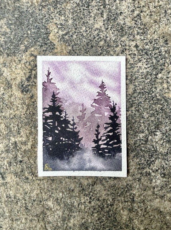 In The Pines-Original Watercolor ACEO Painting 2.5x3.5 ATC Card By Jenny Aleksi