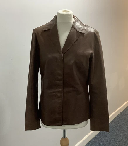 Per Una Brown Genuine Leather  Ladies Jacket Size 14UK Snap Closure Long Sleeve
