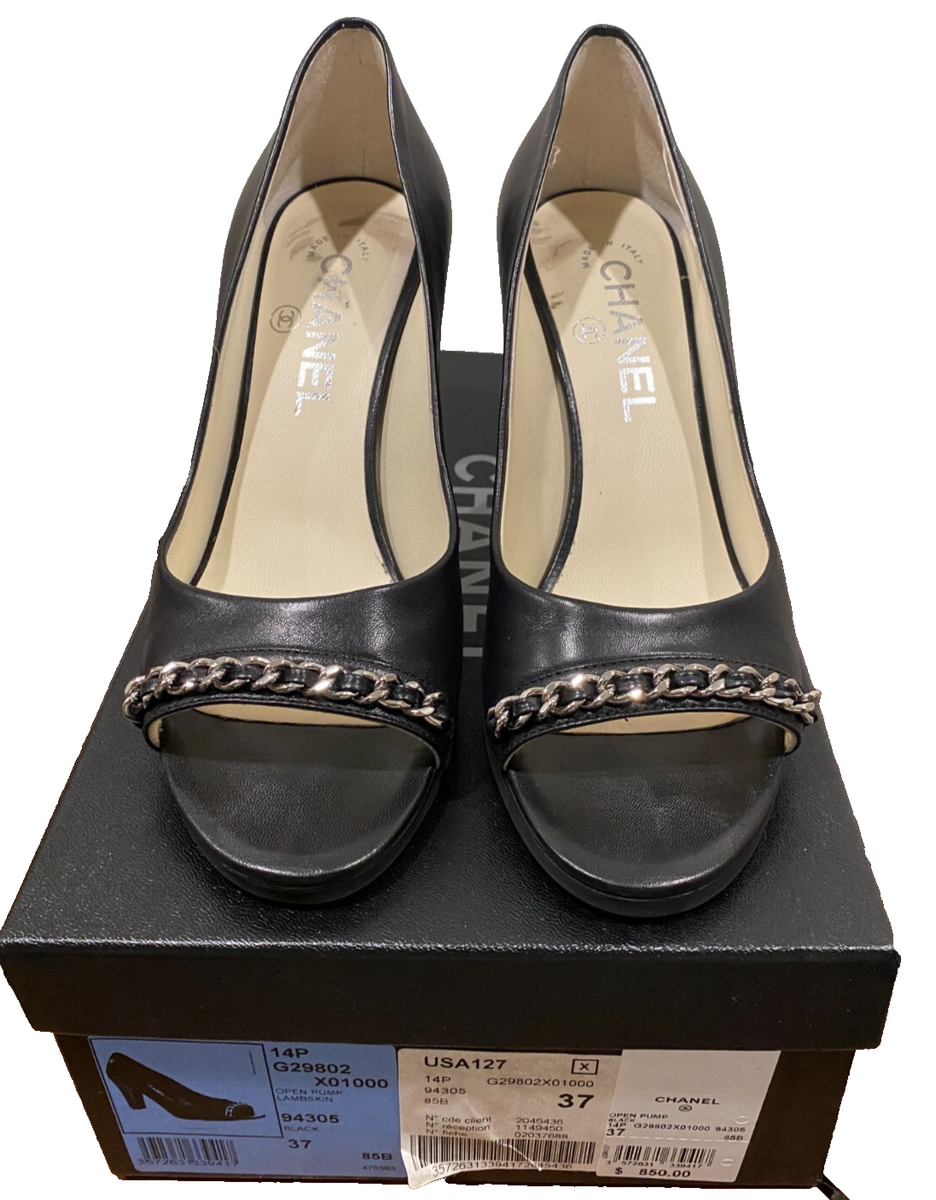 Slightly Used Chanel Black /Silver Chain Opened Toe Pumps /Shoes