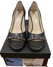 Slightly Used Chanel Black /Silver Chain Opened Toe Pumps /Shoes Size 37