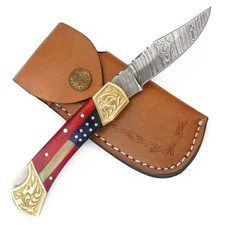 7" CUSTOM HANDMADE DAMASCUS USA FLAG FOLDING KNIFE WITH LEATHER SHEATH S17