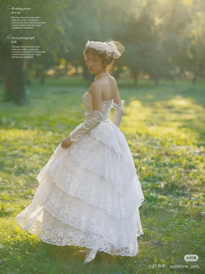 Strapless Wedding Dresses Vintage Ruffled Lace Applique Full Length Bridal Gown - Image 4 of 4