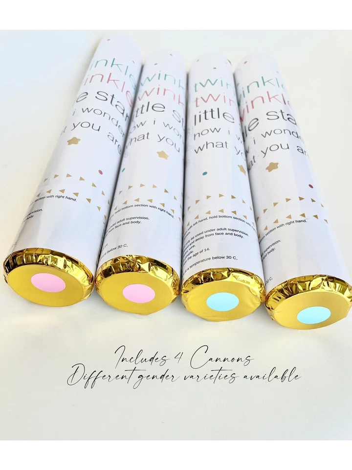 Cañones de confeti Gender Reveal - DISEÑO TWINKLE TWINKLE - Juego de 4 (2 azules/2 rosas) Foto 2 de 4