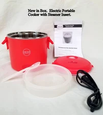 NIB Red Electric Desktop Portable Cooker w/ Steamer Insert Handles Holds 40 oz.