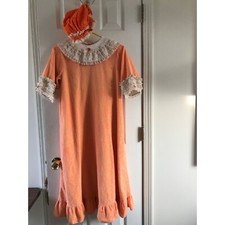"Her Majesty" Girl's Night Gown Lace 14  Matching Granny Hat 1960's Orange