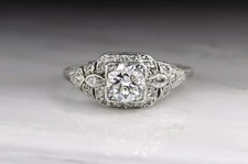 Bague de fiançailles ancienne art déco en argent 925 diamant taille ronde cré...