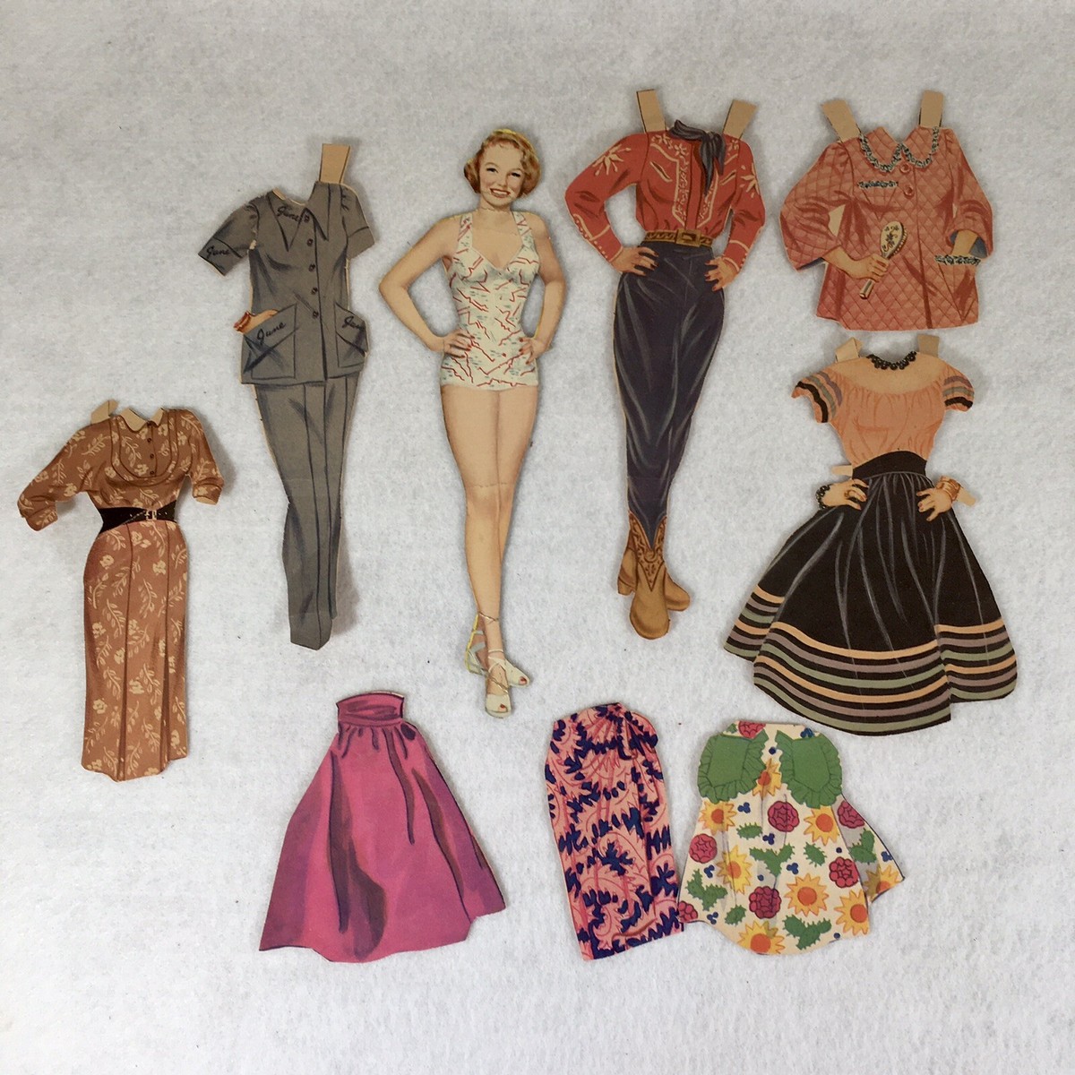 Antique Paper Doll woman Clothes already cut 10” tall paper doll June