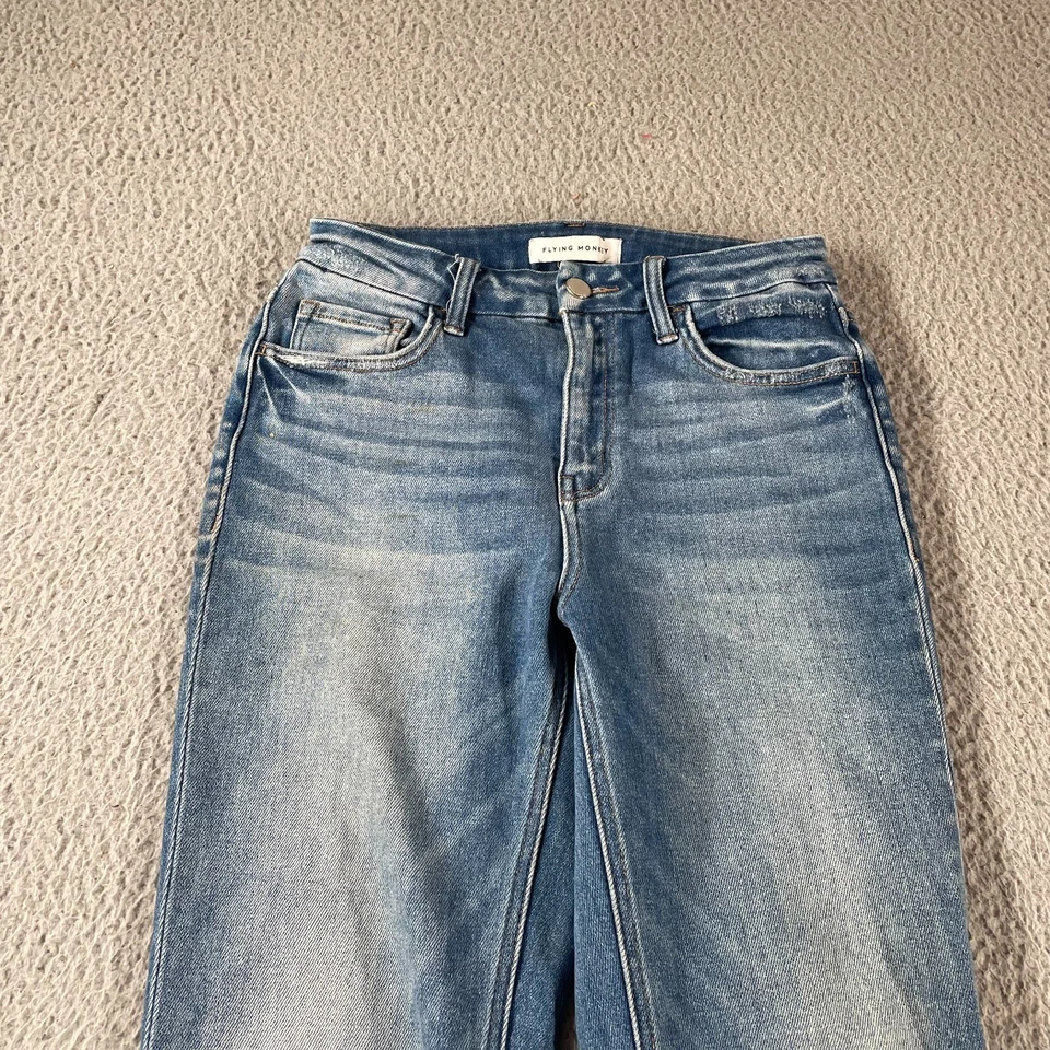 Pantalones de mezclilla rectos ajustados Flying Monkey talla 26 tiro alto azul medio elásticos Foto 2 de 4