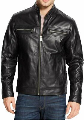 New Style Men's Genuine Lambskin Real Leather Jacket Biker Motorcycle Black Coat