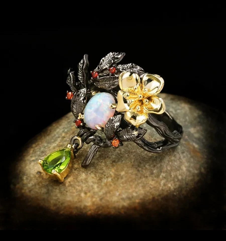 Black S925 Sterling Silver Opal Green Zircon Enamel Gold Flower Ring Size: 6 - Image 3 of 4
