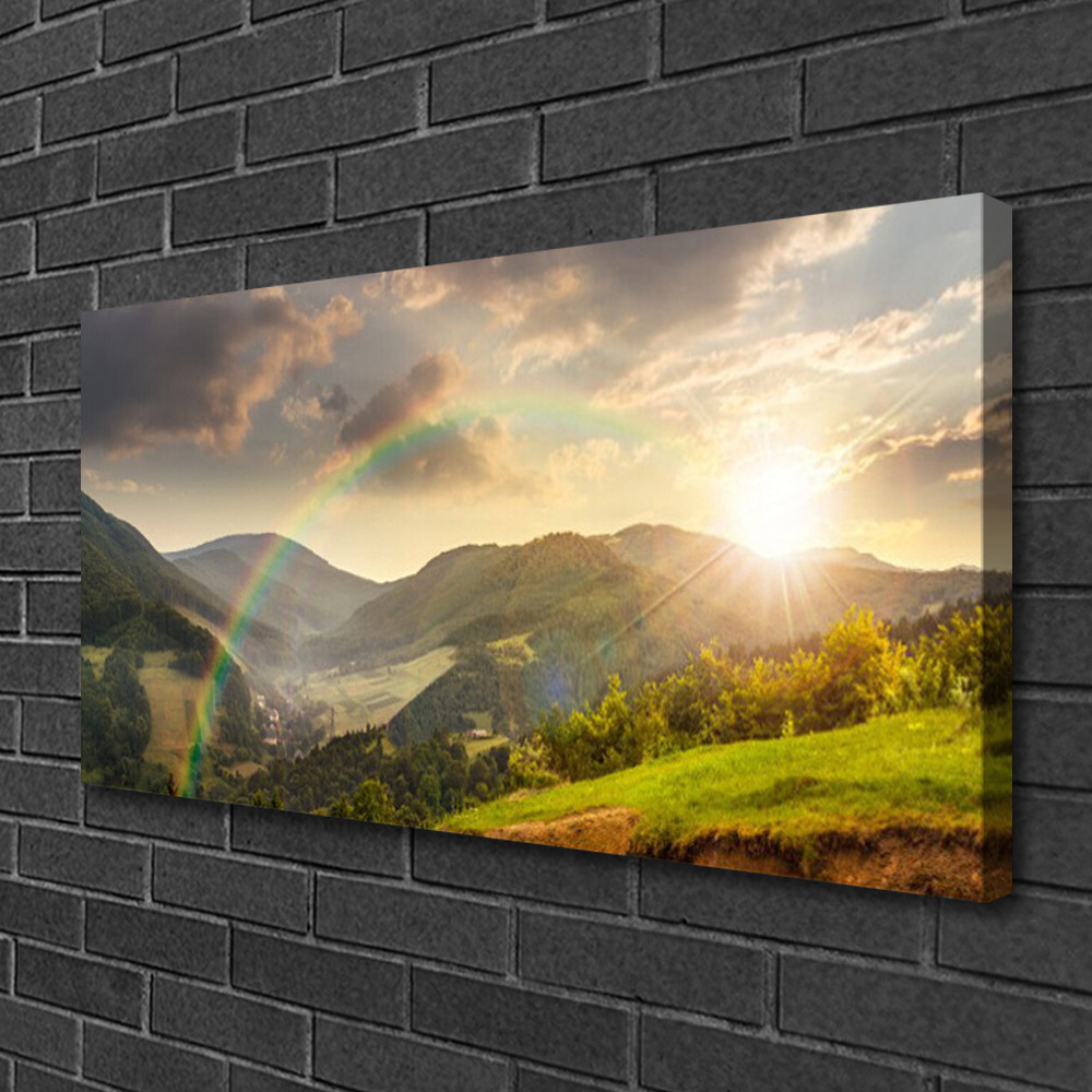 Tableau impression 100x50 montagnes et arc-en-ciel pour ambiance zen bureau