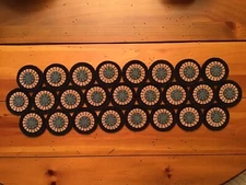 PRIM WOOL FELT PENNY RUG TABLE RUNNER CANDLE MAT BLACK, CAMEL AND COLONIAL BLUE