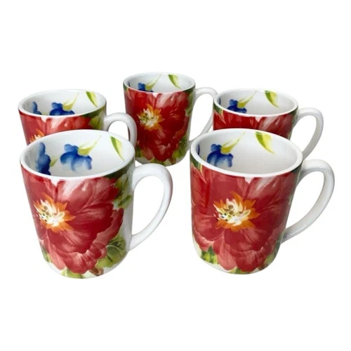Pier 1 Imports Amelia Floral Coffee Tea Mugs Cups Set of 5 Ironstone Poppies