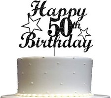 50 Birthday Black Glitter Cake Topper, 50th Party Decoration Ideas