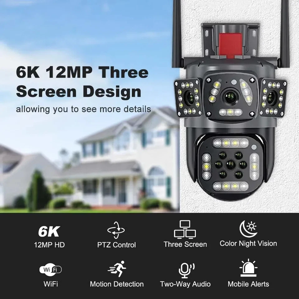 12MP 6K WIFI IP Outdoor Cameras Three Lens Three Screen Camera PTZ CCTV 10X Zoom - Image 3 of 4