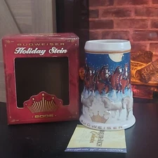 2005 Anheuser Busch Budweiser Holiday Christmas Beer Stein Clydesdales NIB W/COA