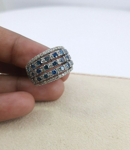 Solid 10k White Gold White Blue Round Natural Diamond Cocktail Band Ring 2.20 ct - Picture 3 of 12