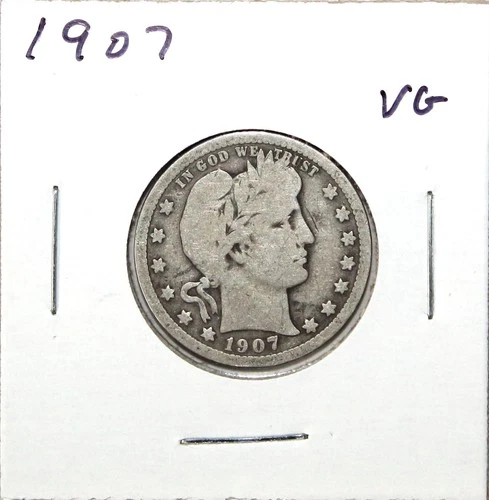 1907 US Barber 90% Silver Quarter 25c VG Very Good Free Shipping