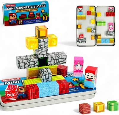 35PCS Pixel World Magnetic Blocks Set   3D STEM Toy in Box, Travel Gift for Kids