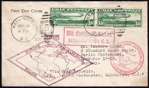 U.S. (Scott C13) 65¢ Graf Zeppelin Pair, First Day Cover Apr 19, 1930 to Germany