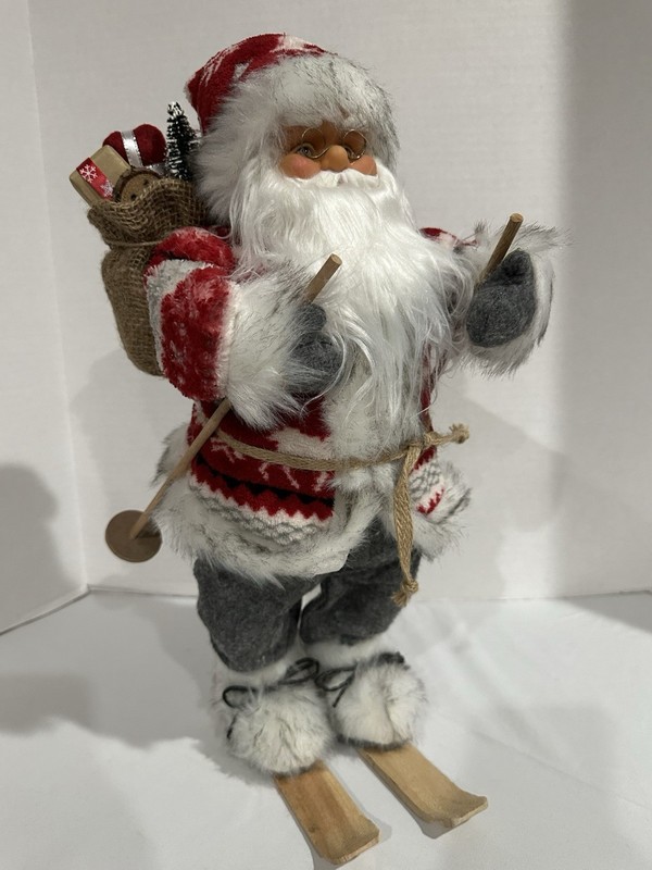 18” Skiing Santa Christmas Tabletop Decoration Skis, Poles & Bag of Toys